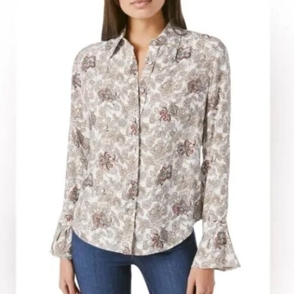 Frame 70s Ruffle Shirt Button-Down Paisley Print Retro Silk Size Small Women's - Picture 1 of 12